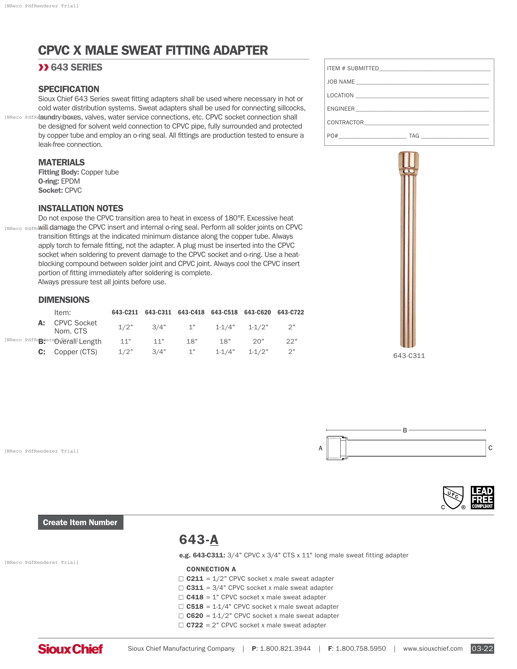 643 SERIES - CPVC MALE SWEAT ADAPTER - SPEC SHEET.PDF Specification Document